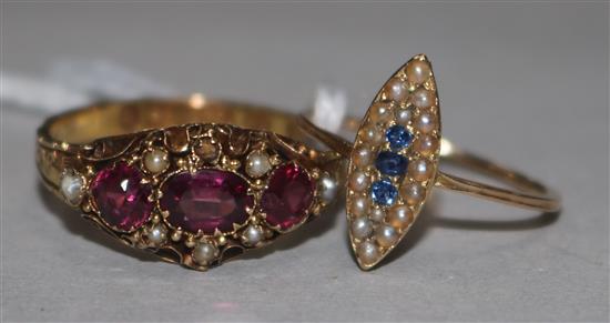 A Victorian 15ct gold, garnet and seed pearl dress ring and a gold, sapphire and seed pearl set marquise shaped ring. sizes Q & J